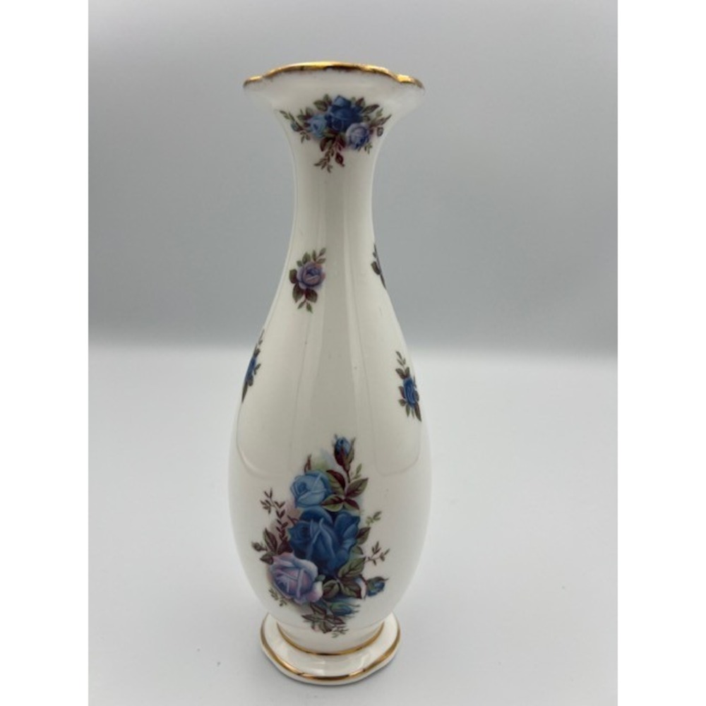 Royal Albert Moonlight Rose Bone China Bud Vase Blue Floral Gold Trim England